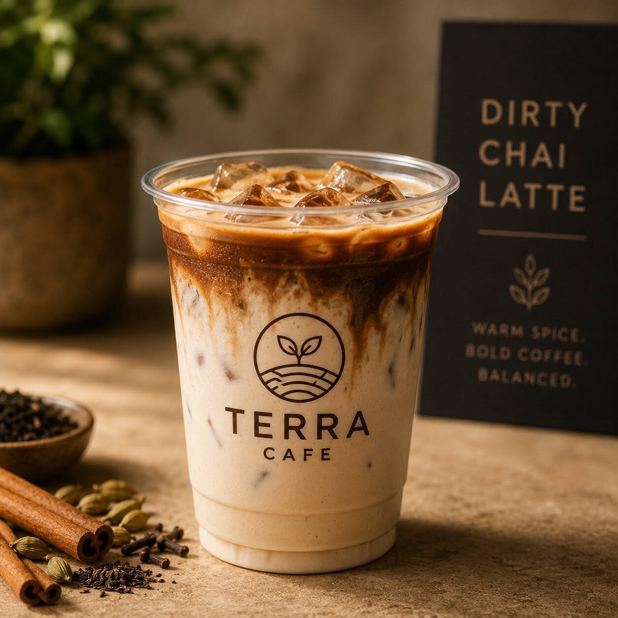 Iced dirty chai latte at Terra Café